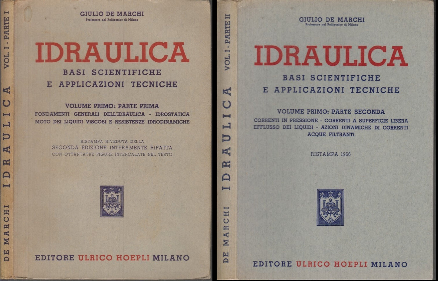 LZ- IDRAULICA BASI SCIENTIFICHE 2 volumi - DE MARCHI - HOEPLI --- 1964- B- XDS23