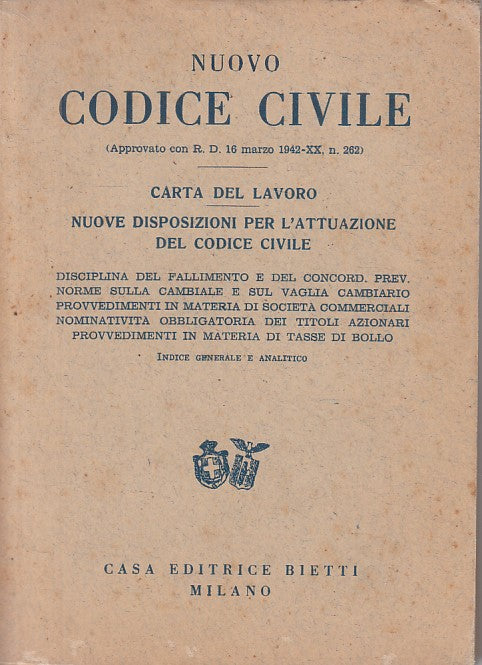 LZ- NUOVO CODICE CIVILE CARTA DEL LAVORO -- BIETTI --- 1942 - B - YFS48