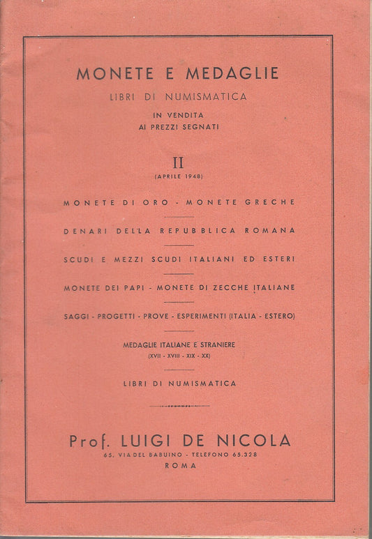 LR- CATALOGO MONETE E MEDAGLIE LIBRI DI NUMISMATICA-- DE NICOLA--- 1948- S-XFS19