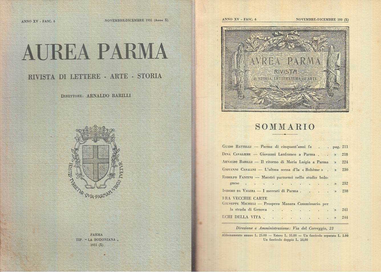LR- RIVISTA AUREA PARMA ANNO XV FASC. 6 -- BODONIANA --- 1931 - B - XFS55