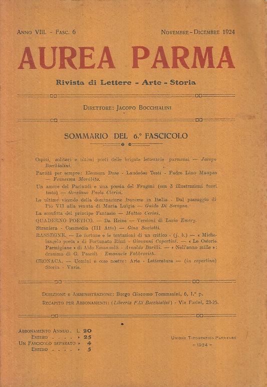 LR- RIVISTA AUREA PARMA ANNO VIII FASC. 6 -- BODONIANA --- 1924 - B - XFS55
