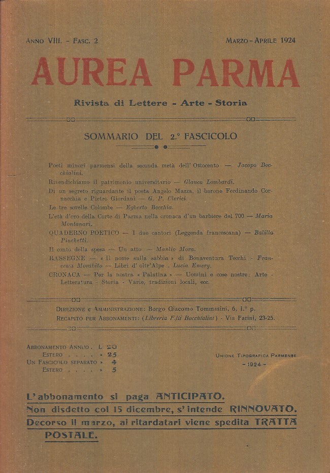 LR- RIVISTA AUREA PARMA ANNO VIII FASC. 2 -- BODONIANA --- 1924 - B - XFS55