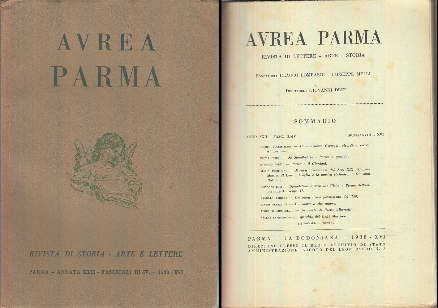 LR- RIVISTA AUREA PARMA ANNO XXII FASCICOLO 3/4 -- BODONIANA --- 1938 - B- XFS55