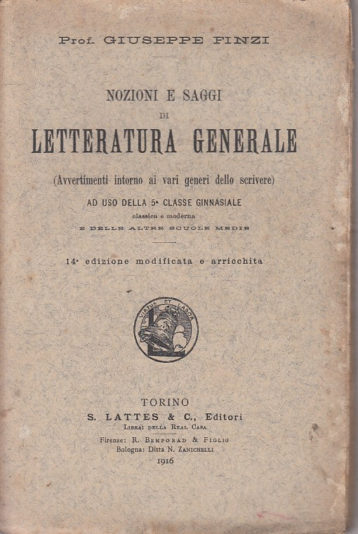 LS- NOZIONI SAGGI LETTERATURA GENERALE - FINZI - LATTES --- 1916 - B - YFS330