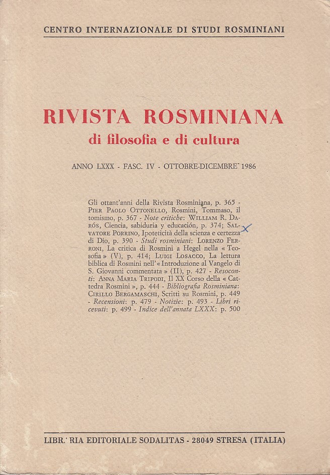 LS- RIVISTA ROSMINIANA DI FILOSOFIA E CULTURA -- SODALITAS --- 1986 - B - ZFS18