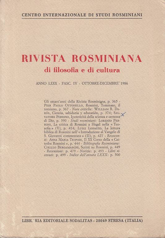 LS- RIVISTA ROSMINIANA DI FILOSOFIA E CULTURA -- SODALITAS --- 1986 - B - ZFS18