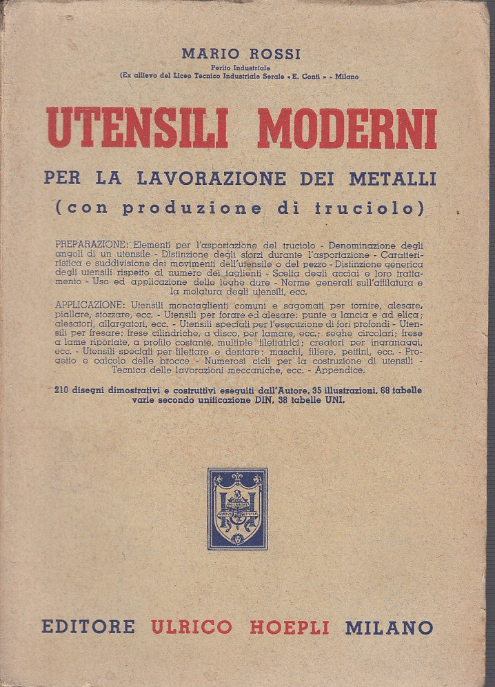 LZ- UTENSILI MODERNI PER LAVORAZIONE METALLI- ROSSI- HOEPLI--- 1945 - B - YFS721