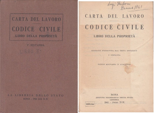 LS- CARTA DEL LAVORO CODICE CIVILE LIBRO PROPRIETA' -- ROMA--- 1941 - BS- ZFS451