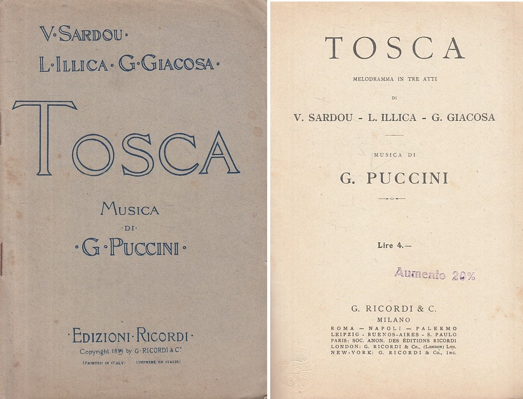 LZ- TOSCA MUSICA PUCCINI LIBRETTO D'OPERA -- RICORDI --- 1899 - S - ZFS210