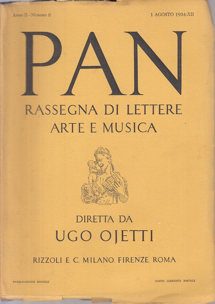 LZ- PAN RASSEGNA LETTERE ARTE MUSICA N.8 - OJETTI - RIZZOLI--- 1934 - B - ZFS184