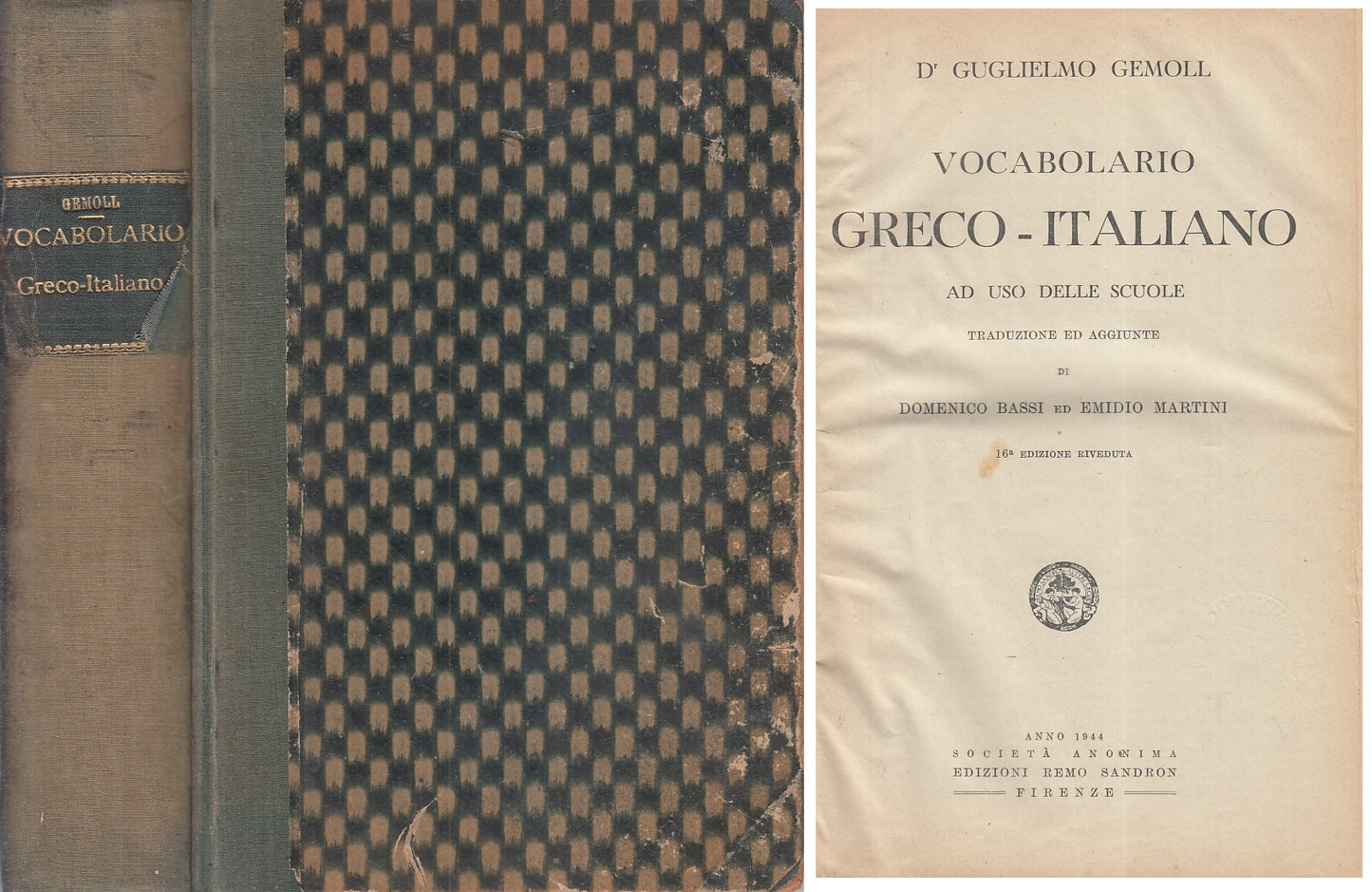 LZ- VOCABOLARIO GRECO ITALIANO - GEMOLL - SANDRON --- 1944 - C - YFS952