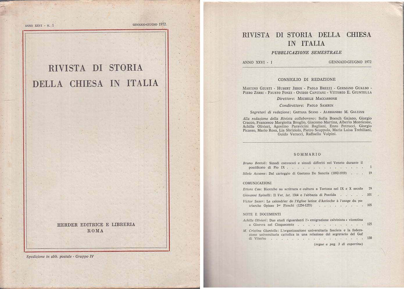 LS- RIVISTA DI STORIA DELLA CHIESA IN ITALIA N.1-- HERDER --- 1972 - B - ZTS261