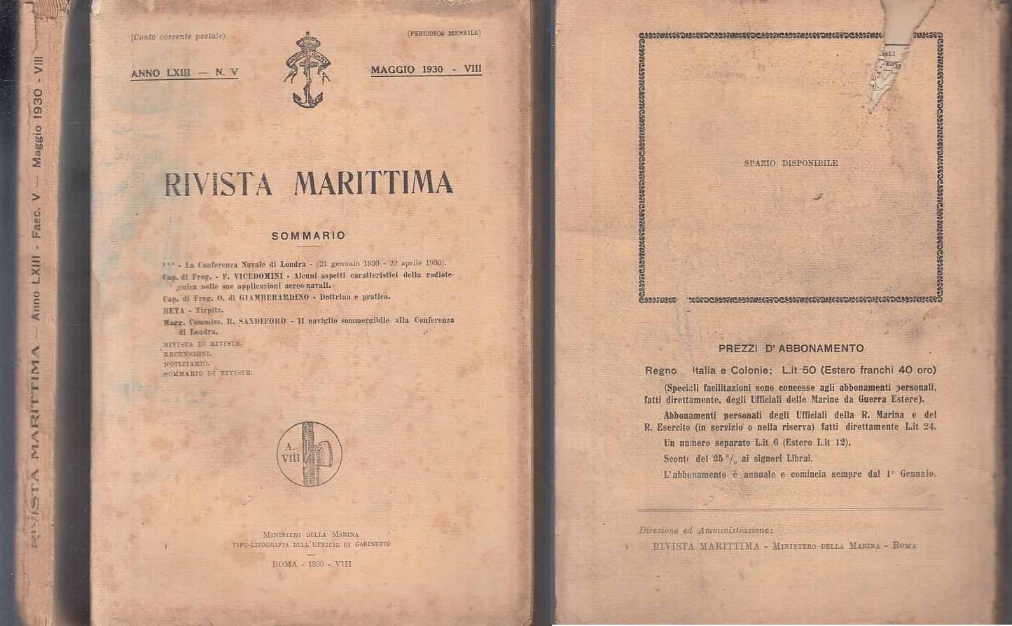 LZ- RIVISTA MARITTIMA ANNO LXIII V MAGGIO 1930 -- MINISTERO DIFESA---- B- YTT892