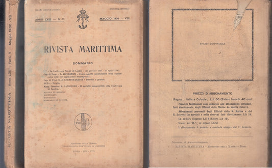 LZ- RIVISTA MARITTIMA ANNO LXIII V MAGGIO 1930 -- MINISTERO DIFESA---- B- YTT892