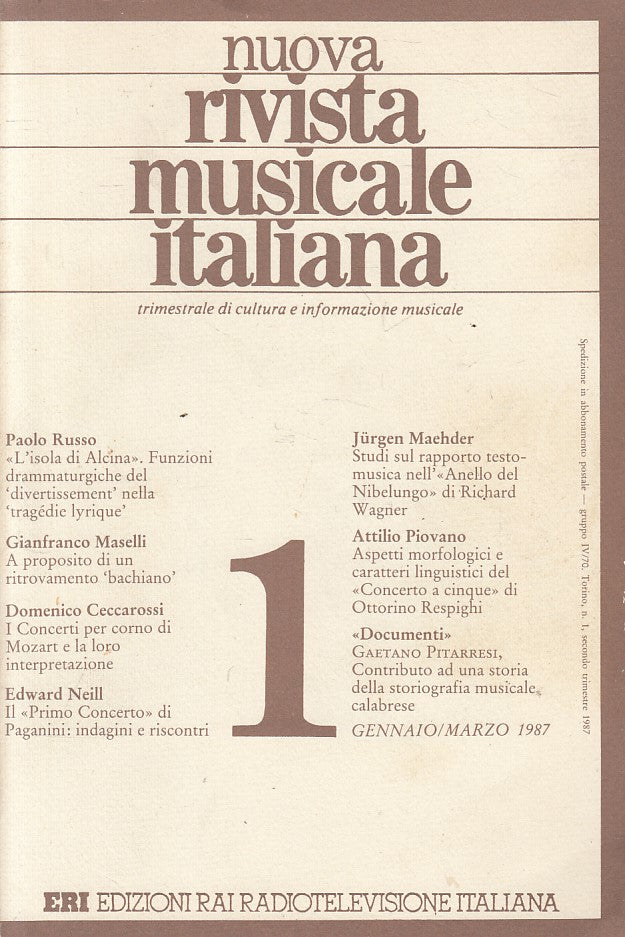 LS- NUOVA RIVISTA MUSICALE ITALIANA N.1 GENNAIO/MARZO-- ERI--- 1987 - B - ZFS241