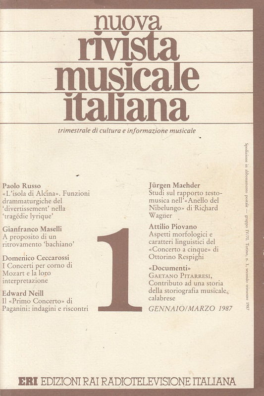 LS- NUOVA RIVISTA MUSICALE ITALIANA N.1 GENNAIO/MARZO-- ERI--- 1987 - B - ZFS241